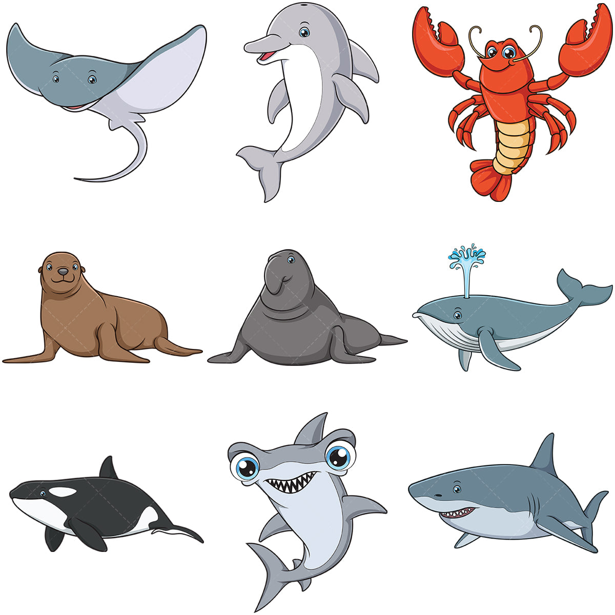 A bundle of 9 royalty-free stock vector illustrations of sea creatures.