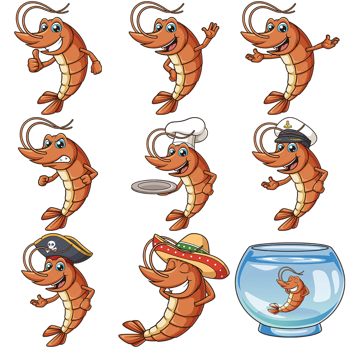 A bundle of 9 royalty-free stock vector illustrations of a shrimp character.