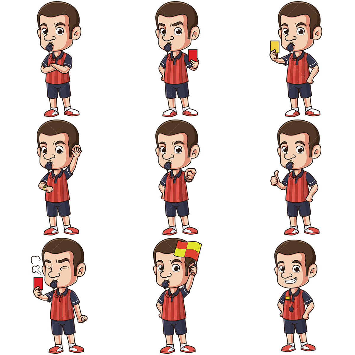 A bundle of 9 royalty-free stock vector illustrations of a soccer referee.