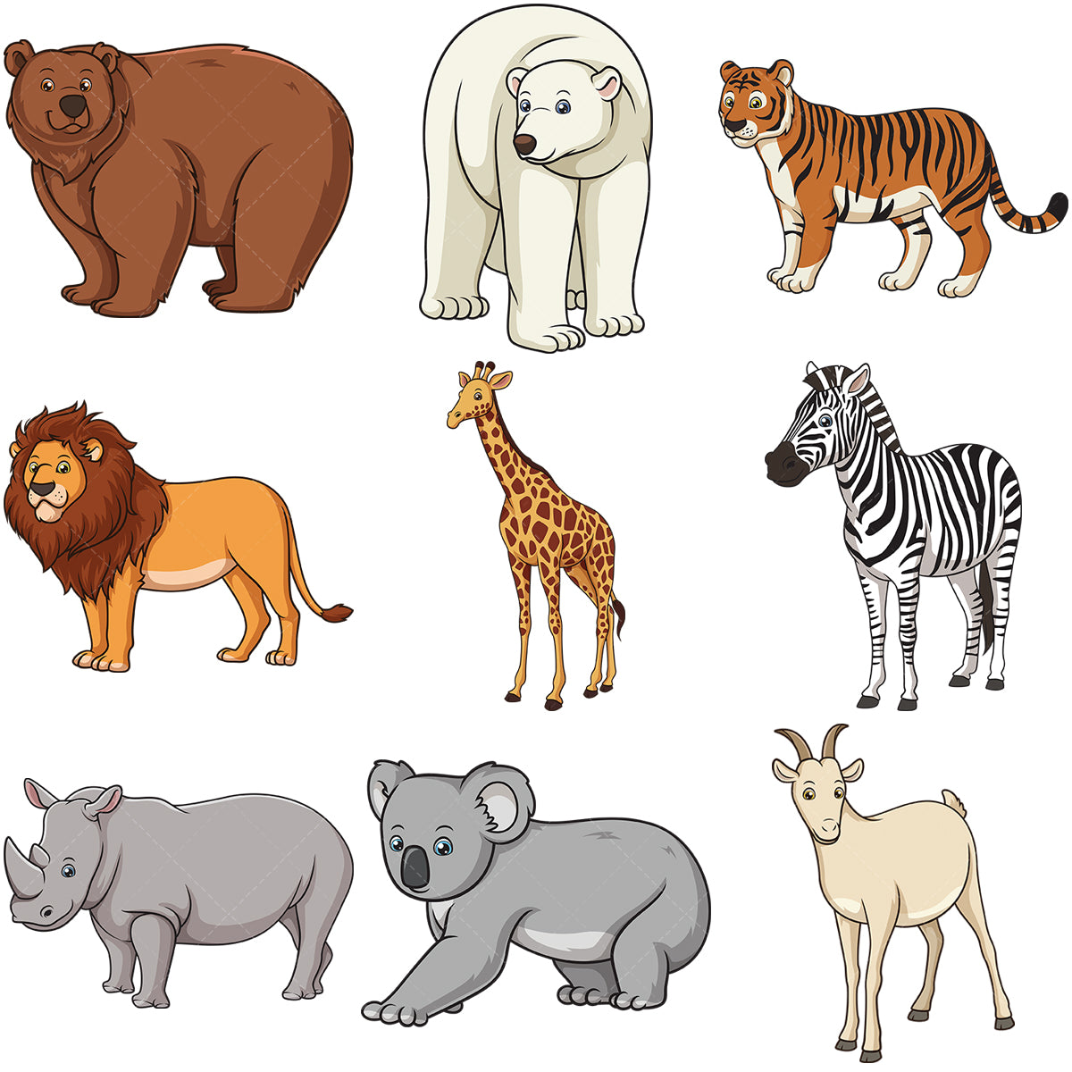 A bundle of 9 royalty-free stock vector illustrations of wild animals.