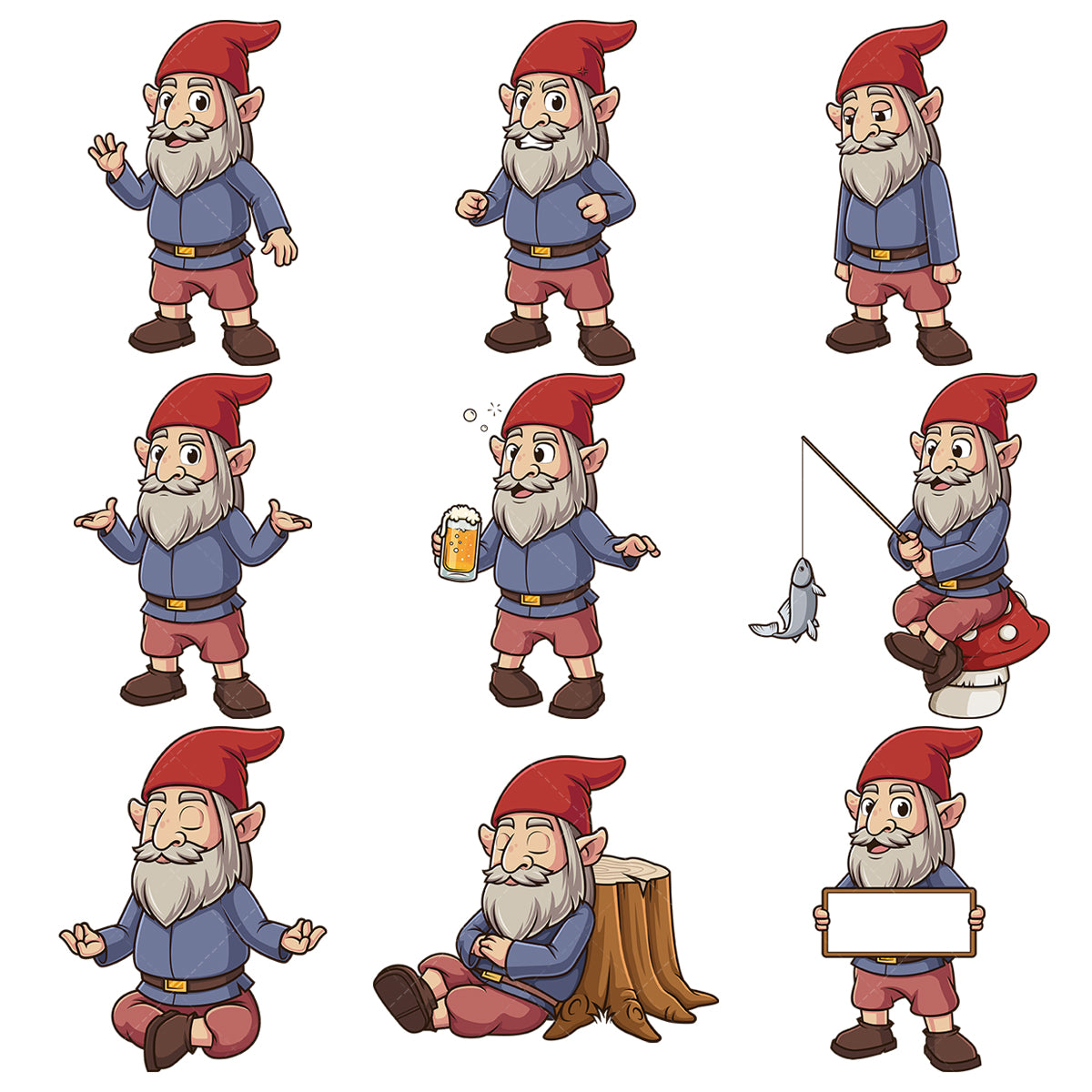 A bundle of 9 royalty-free stock vector illustrations of a wise old gnome.