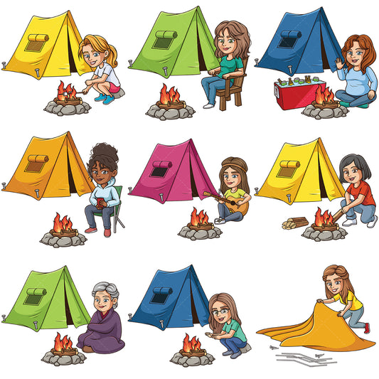 A bundle of 9 royalty-free stock vector illustrations of women camping.