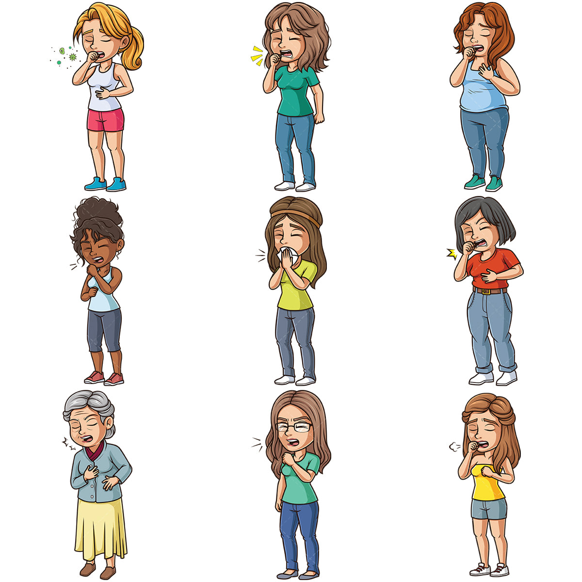 A bundle of 9 royalty-free stock vector illustrations of women coughing.