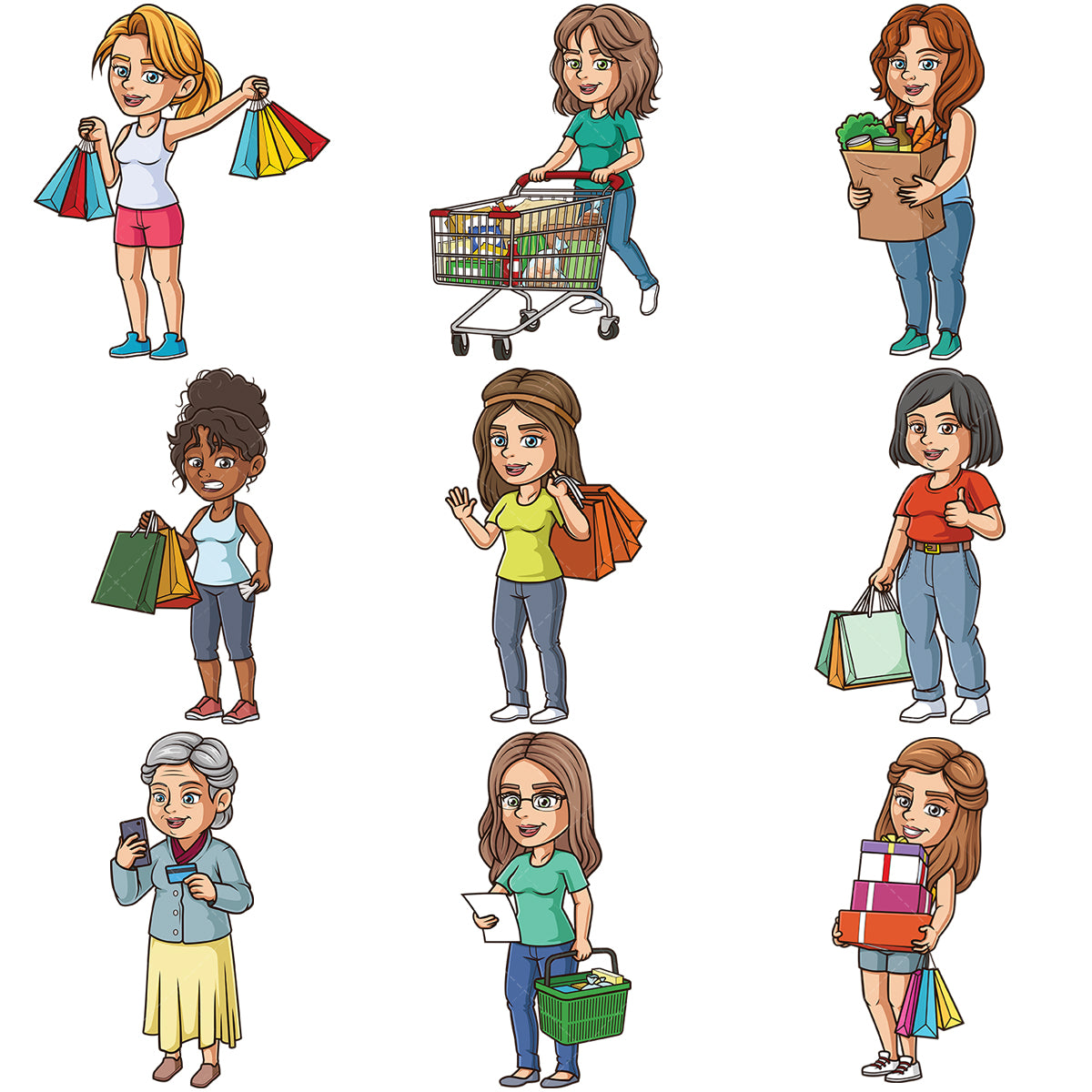 A bundle of 9 royalty-free stock vector illustrations of women shopping.