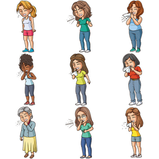 A bundle of 9 royalty-free stock vector illustrations of a women sneezing.