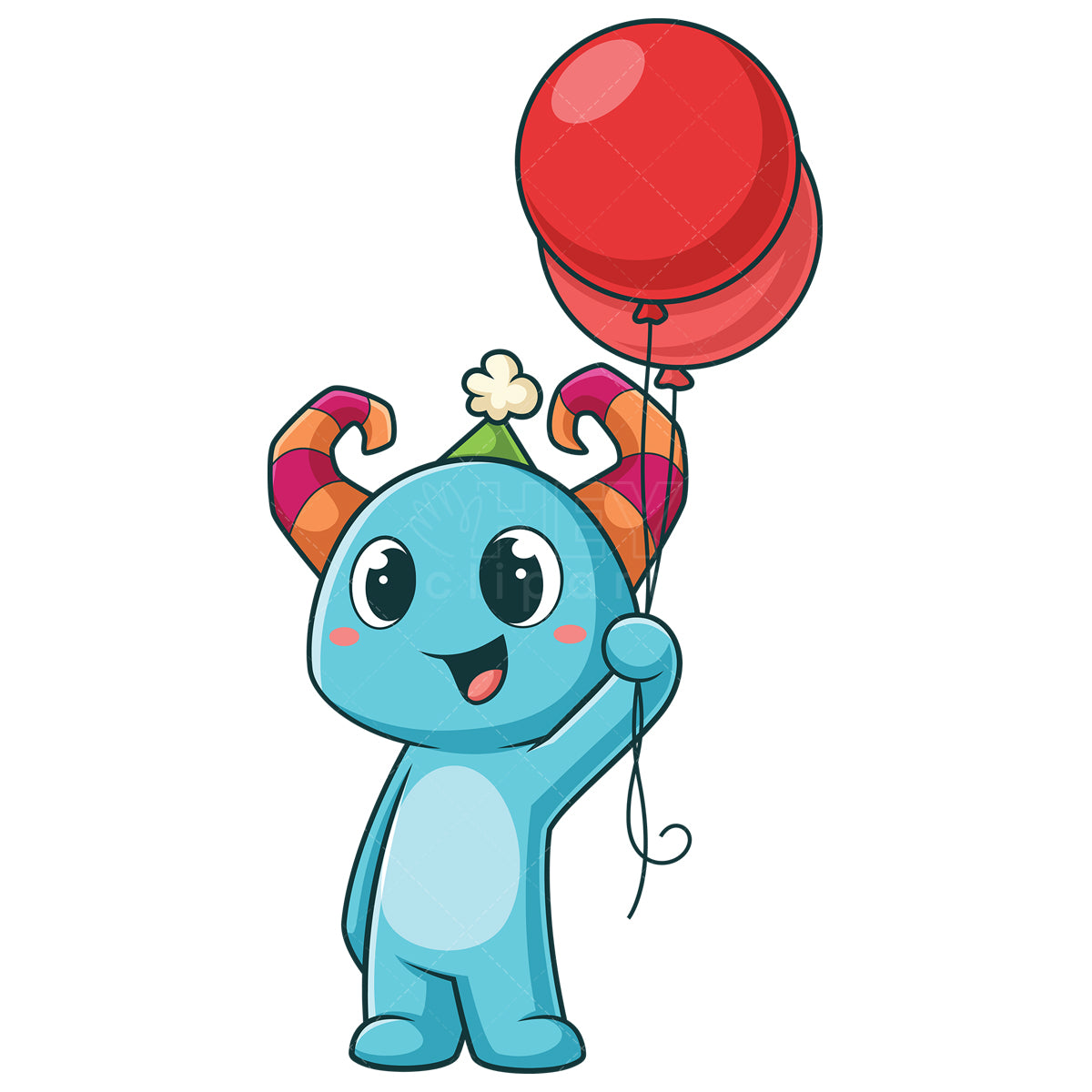 Royalty-free stock vector illustration of a blue monster holding birthday balloons.