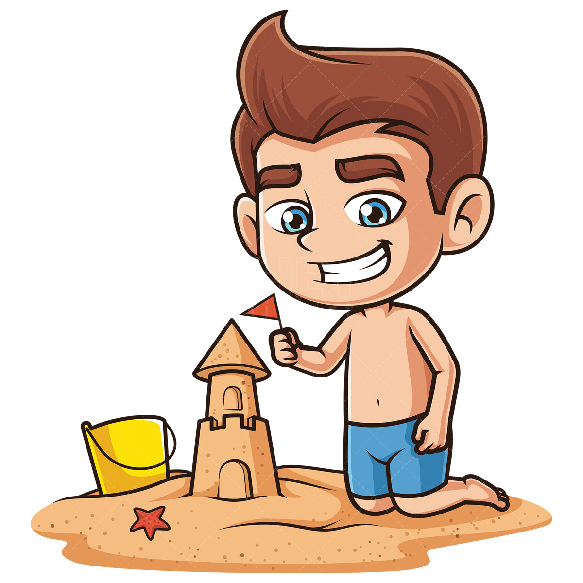 Royalty-free stock vector illustration of a caucasian boy building sandcastle.