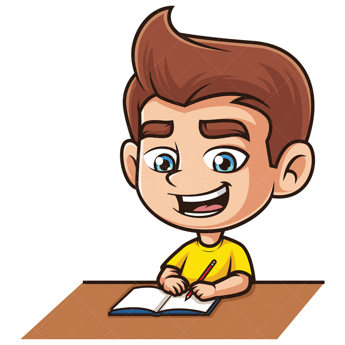 Royalty-free stock vector illustration of a caucasian boy doing homework.