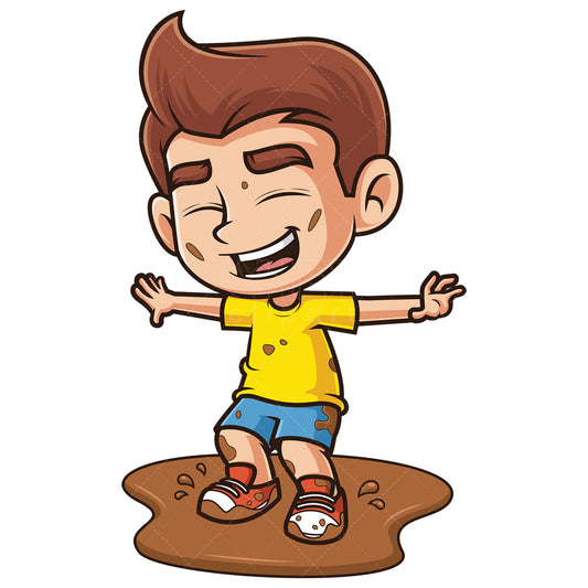 Royalty-free stock vector illustration of a caucasian boy in dirty mud.