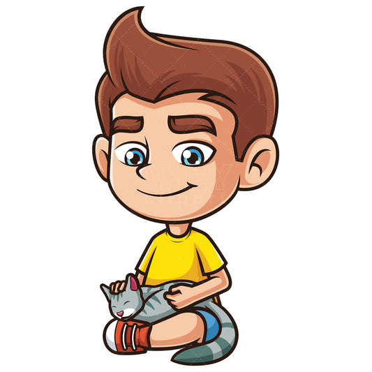 Royalty-free stock vector illustration of a caucasian boy petting cat.