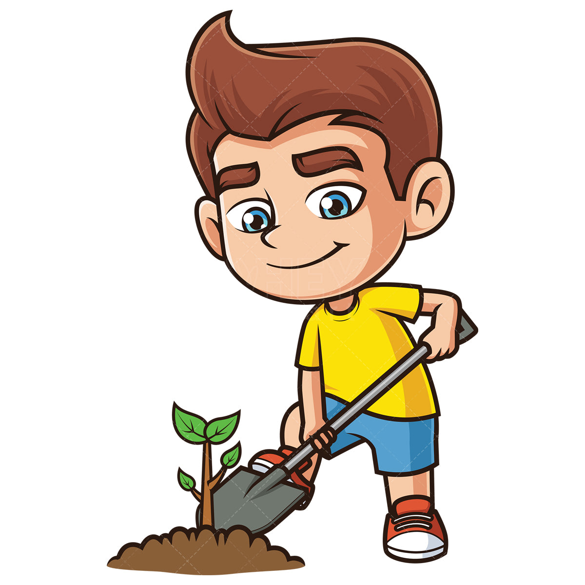 Royalty-free stock vector illustration of a caucasian boy planting tree.