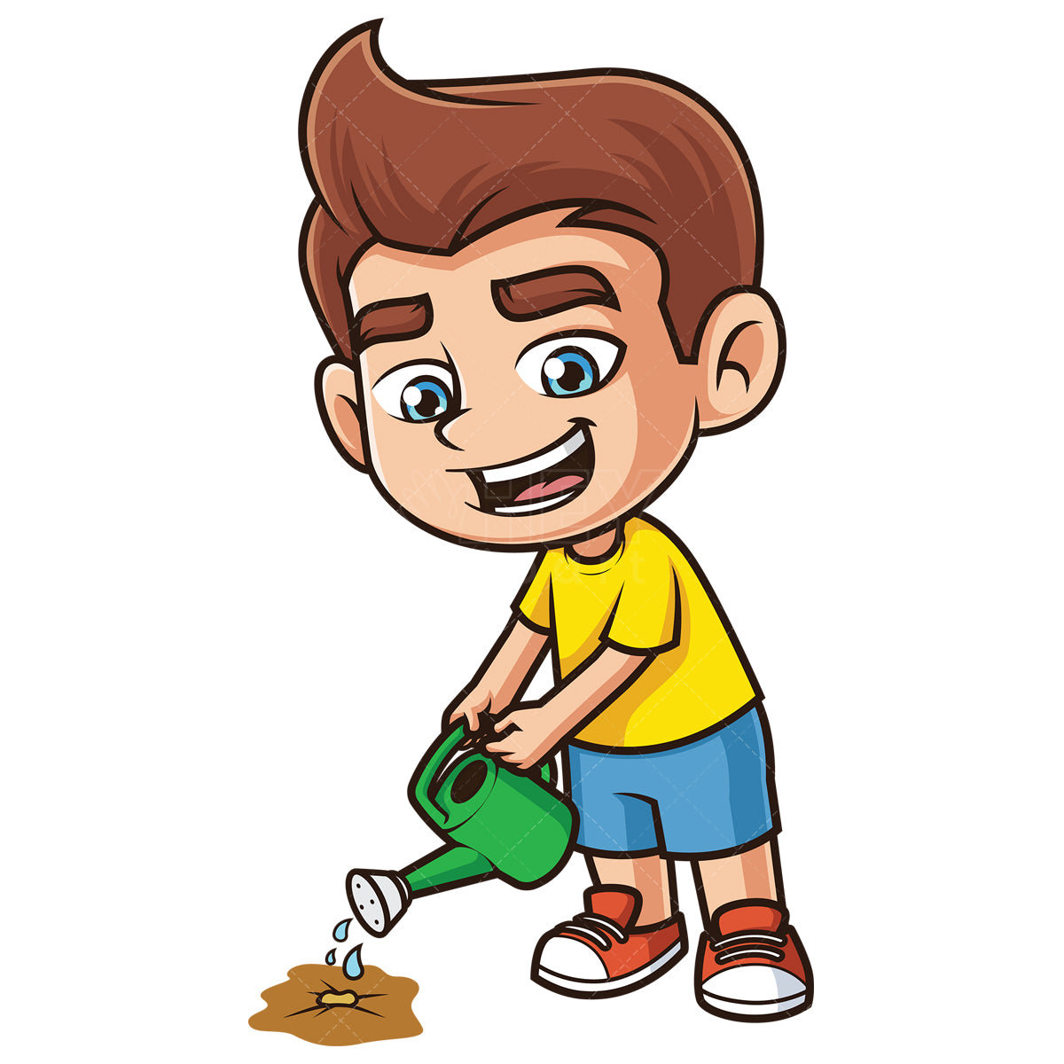 Royalty-free stock vector illustration of a caucasian boy watering seed.