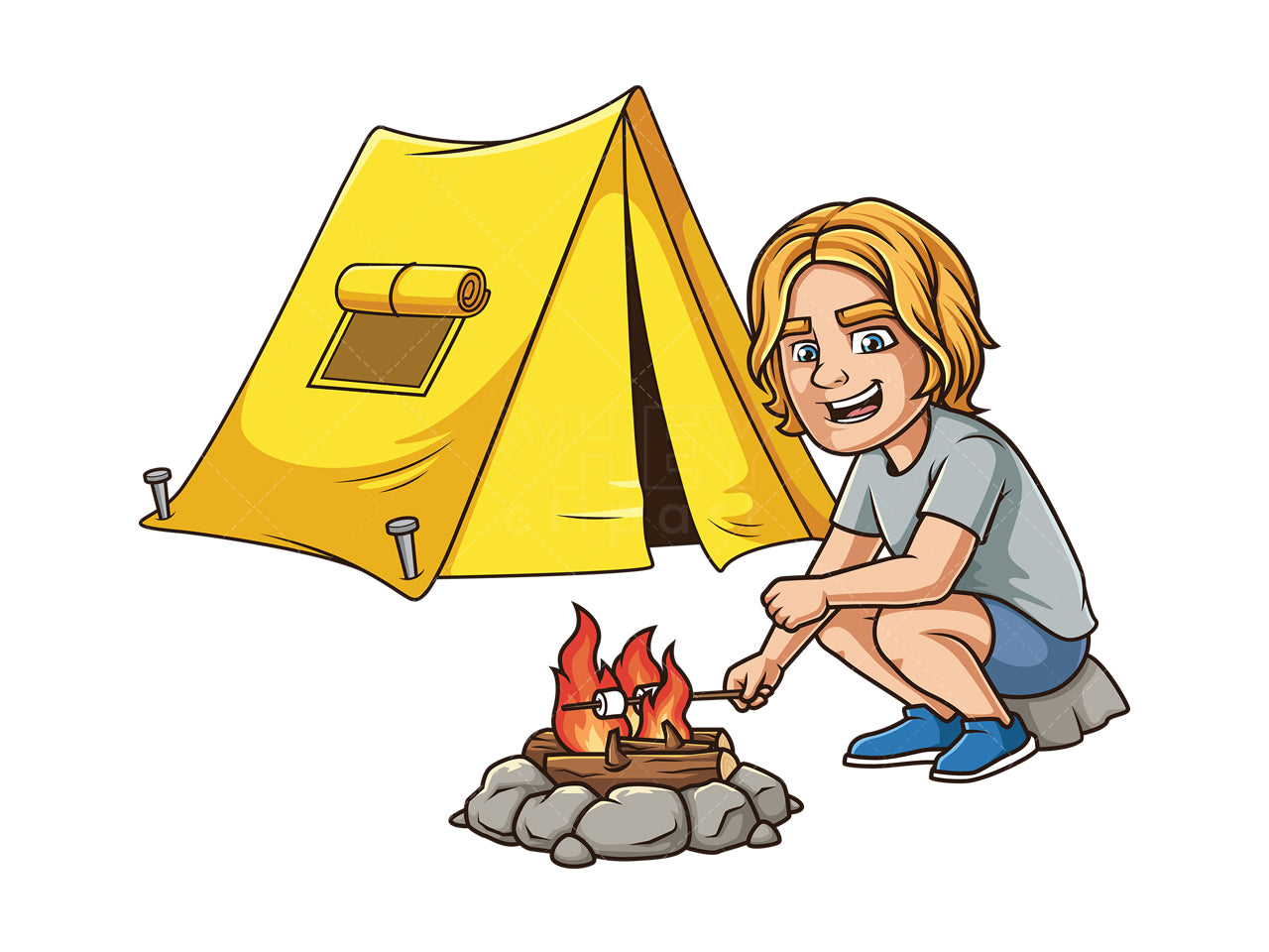 Royalty-free stock vector illustration of a caucasian man camping.