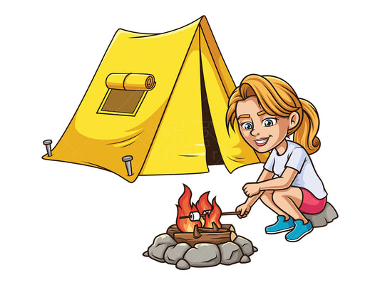 Royalty-free stock vector illustration of a caucasian woman camping.