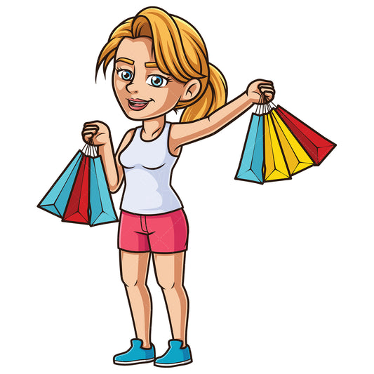 Royalty-free stock vector illustration of a caucasian woman holding shopping bags.