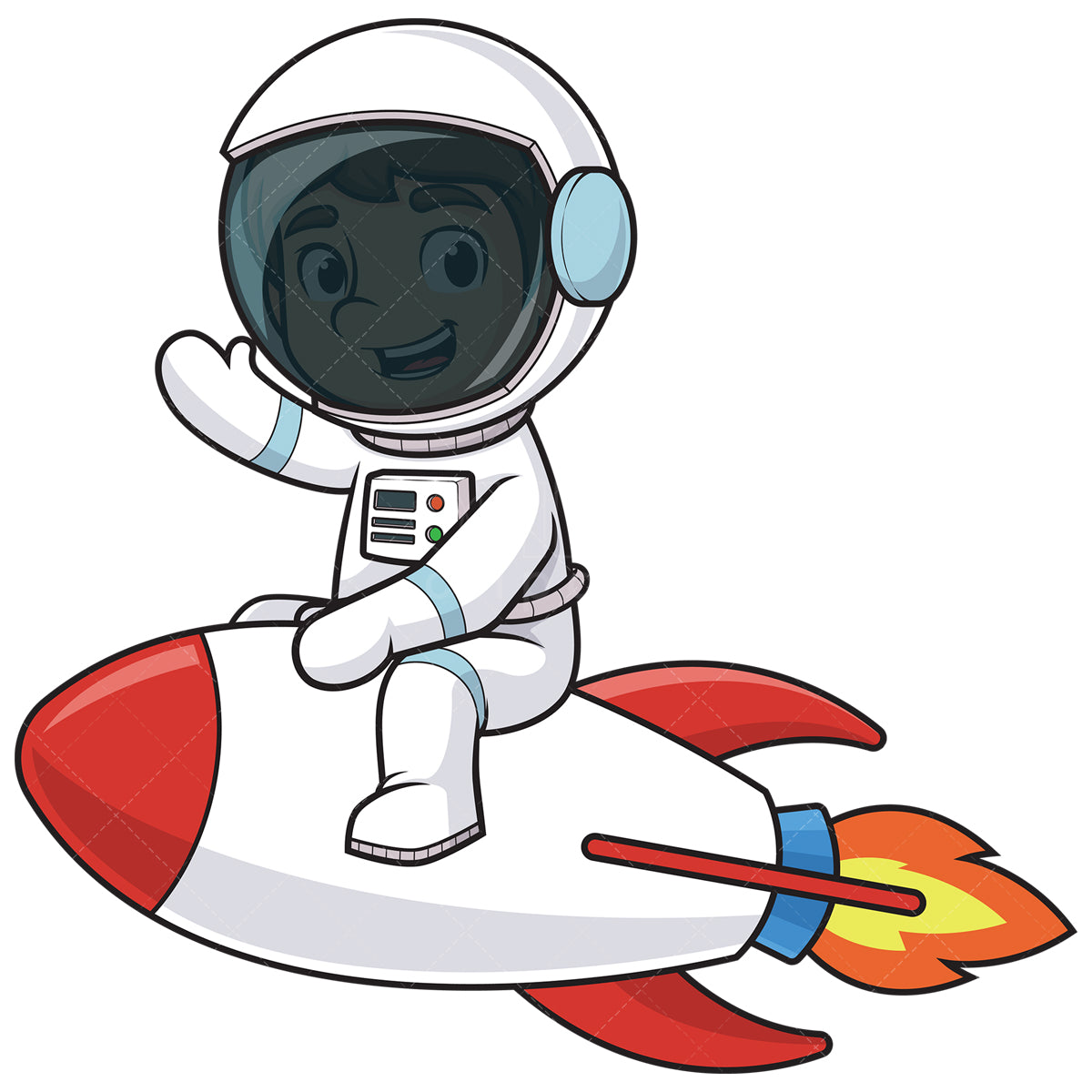 Royalty-free stock vector illustration of a cute astronaut waving on rocket.