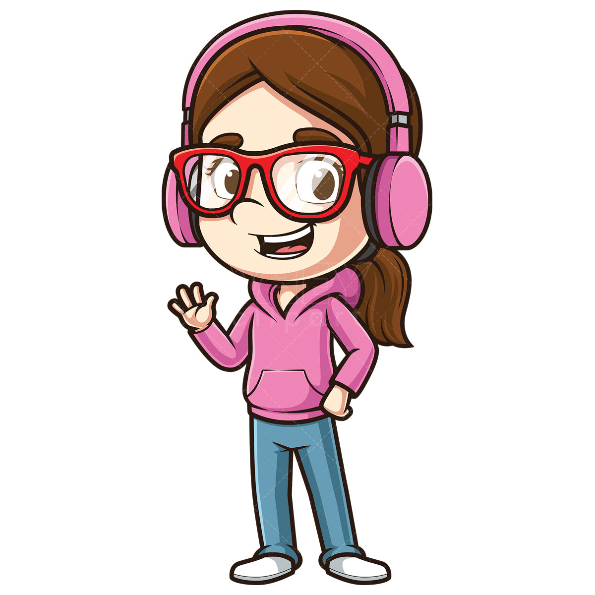 Royalty-free stock vector illustration of a female gamer waving.