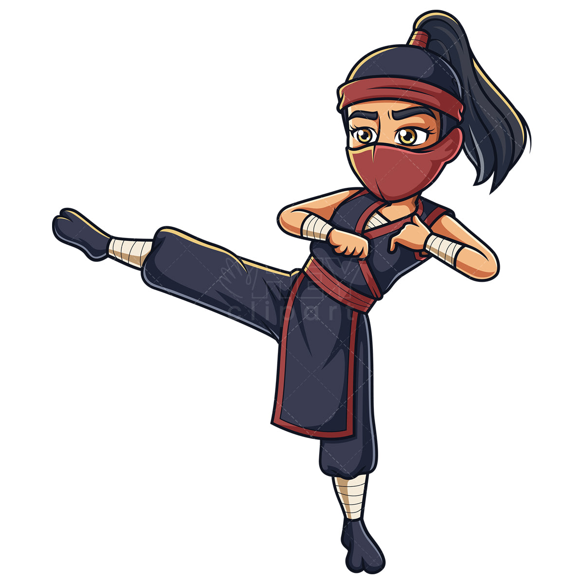 Royalty-free stock vector illustration of a female ninja kicking.