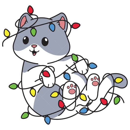 Royalty-free vector illustration of a funny cat tangled in christmas lights.