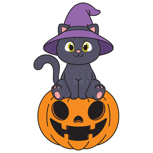 Royalty-free vector illustration of a halloween cat on pumpkin.