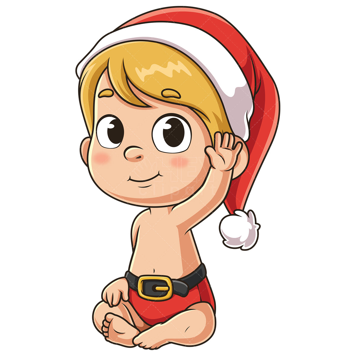 Royalty-free stock vector illustration of a happy baby boy santa waving.