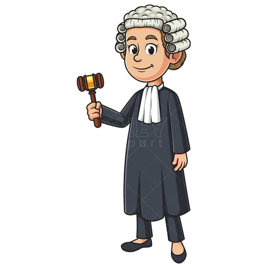 Royalty-free stock vector illustration of a happy female judge holding gavel.