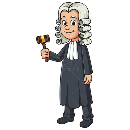 Royalty-free stock vector illustration of a happy male judge holding gavel.