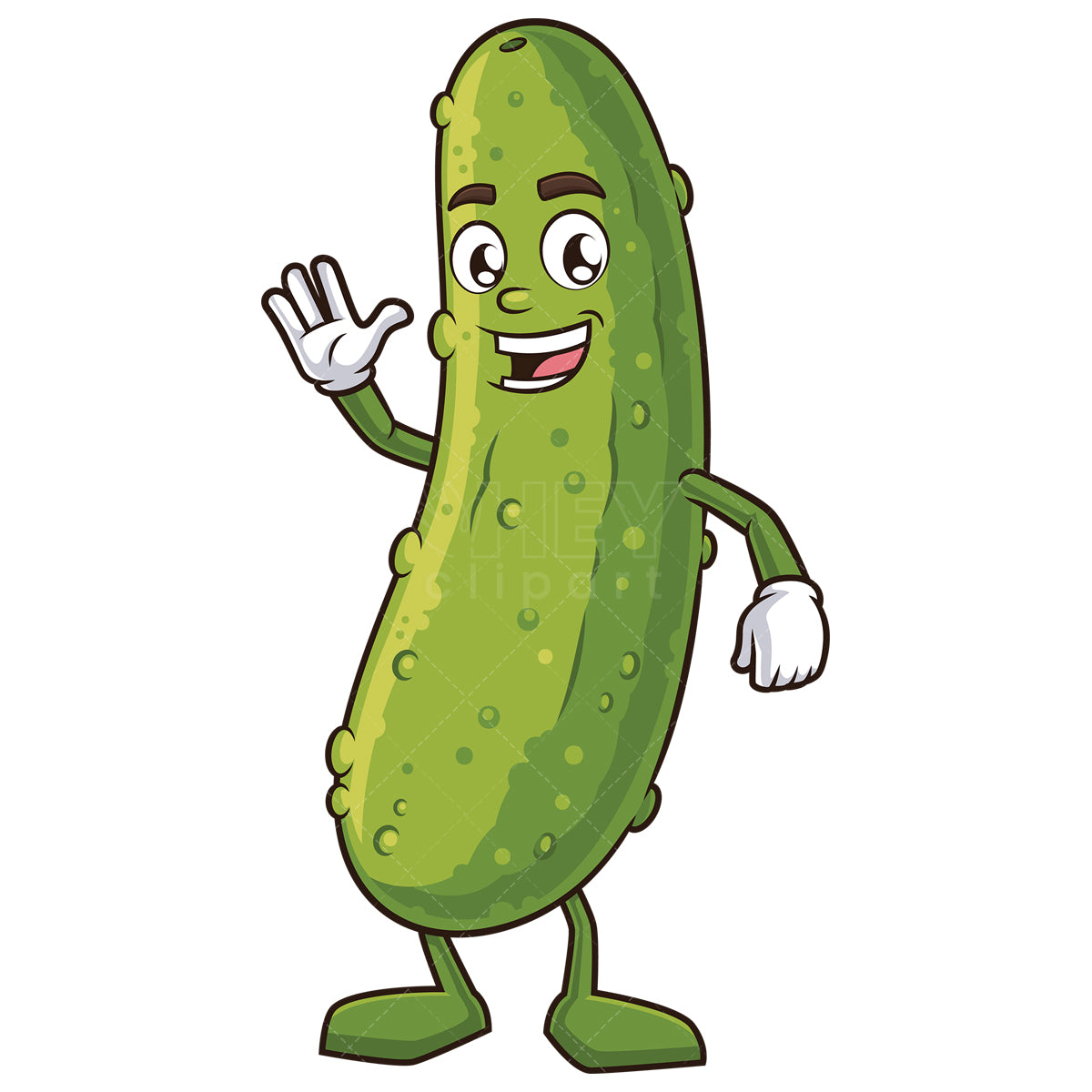 Royalty-free stock vector illustration of a happy pickle waving.