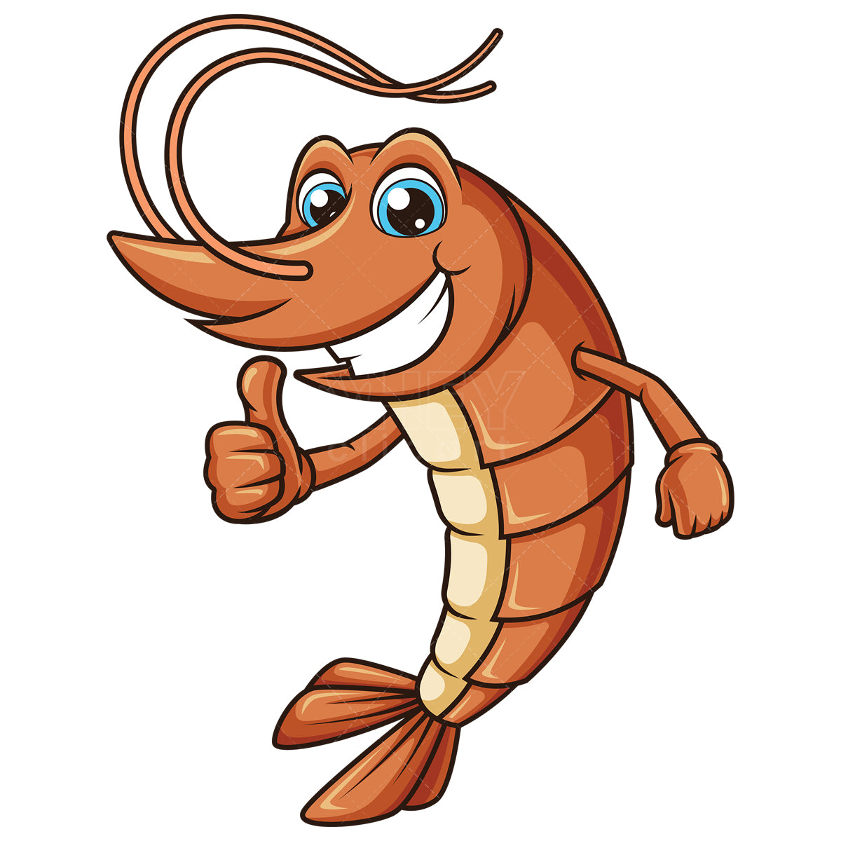 Royalty-free stock vector illustration of a happy shrimp thumbs up.