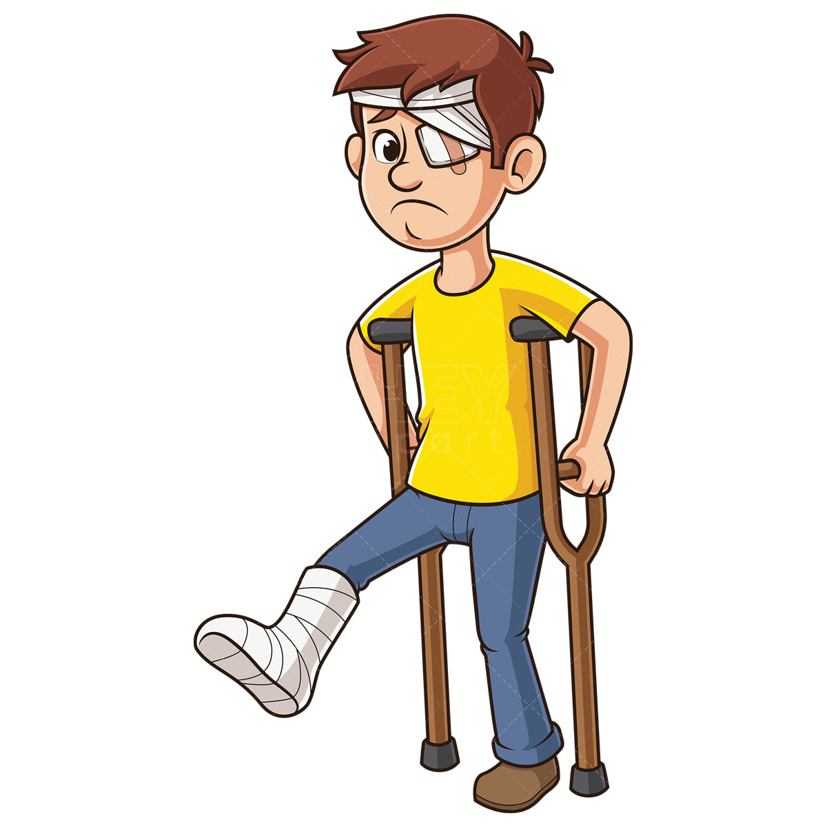 Royalty-free stock vector illustration of a injured caucasian man with broken leg.