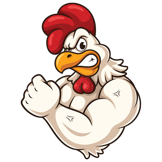 Royalty-free stock vector illustration of a muscular chicken mascot.
