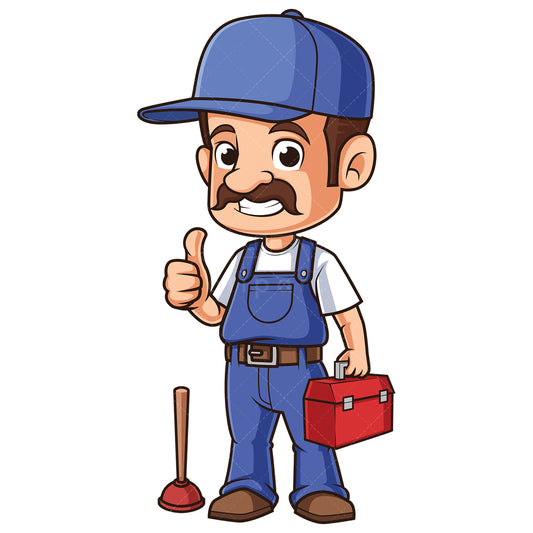 Royalty-free stock vector illustration of a plumber holding toolbox.