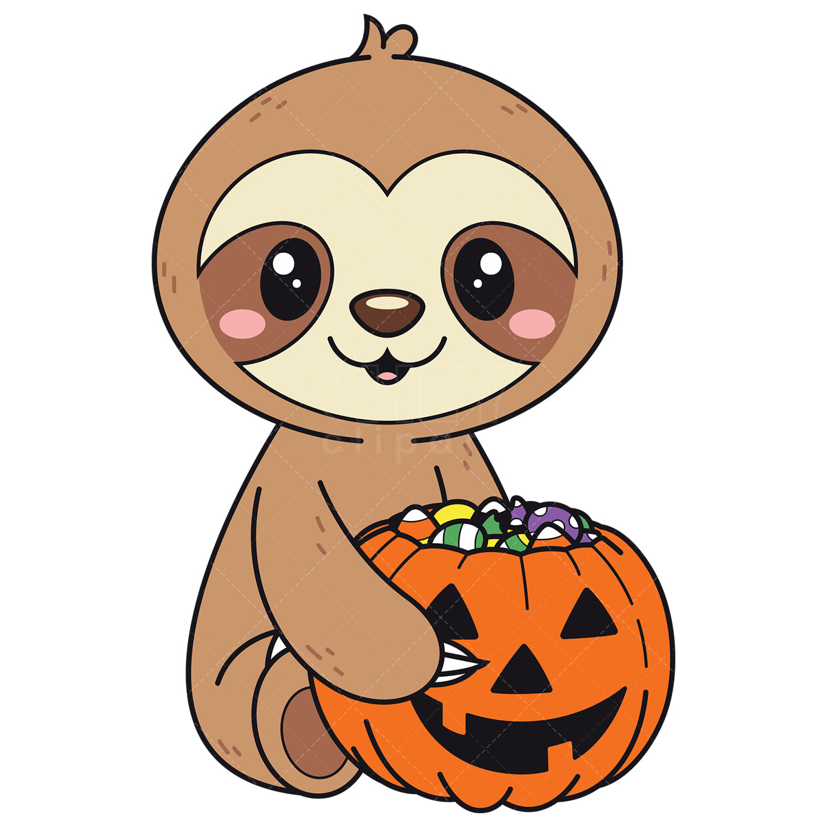 Royalty-free vector illustration of a sloth with halloween pumpkin.