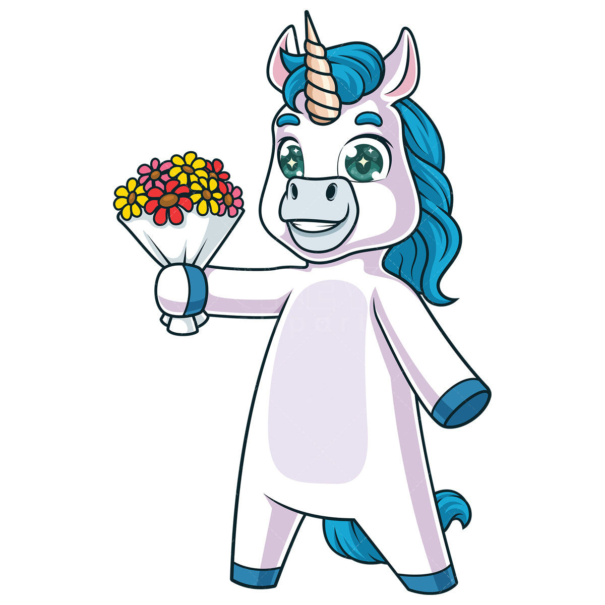 Royalty-free stock vector illustration of a unicorn holding flowers.