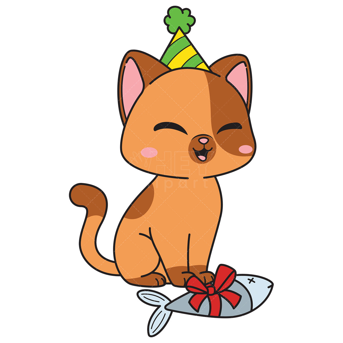 Royalty-free vector illustration of a birthday cat getting a fish as a gift.