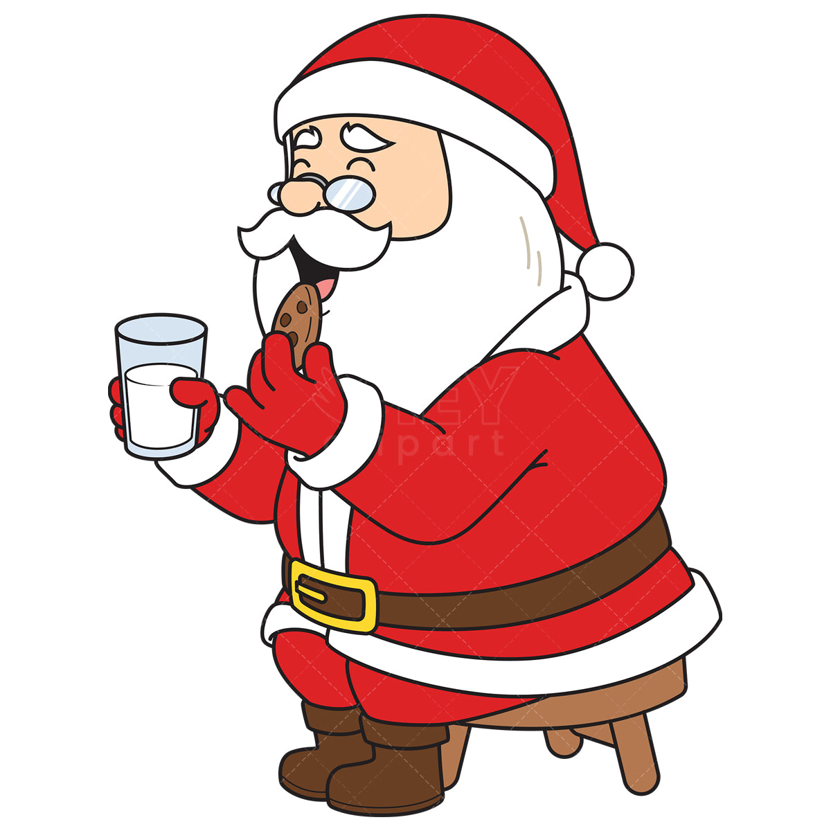 Royalty-free vector illustration of a santa claus enjoying milk and cookies.