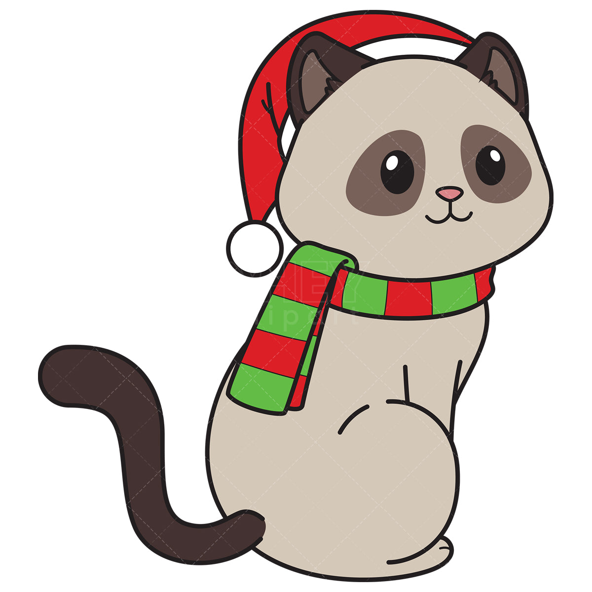 Royalty-free vector illustration of a siamese cat wearing christmas hat and scarf.