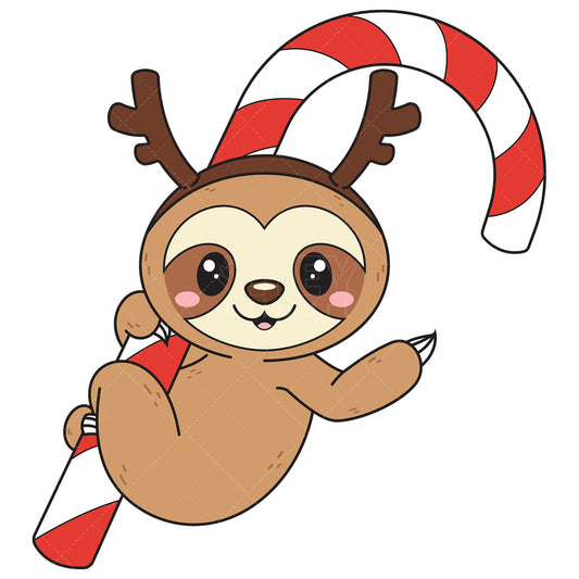 Royalty-free vector illustration of a sloth hanging from giant candy cane.