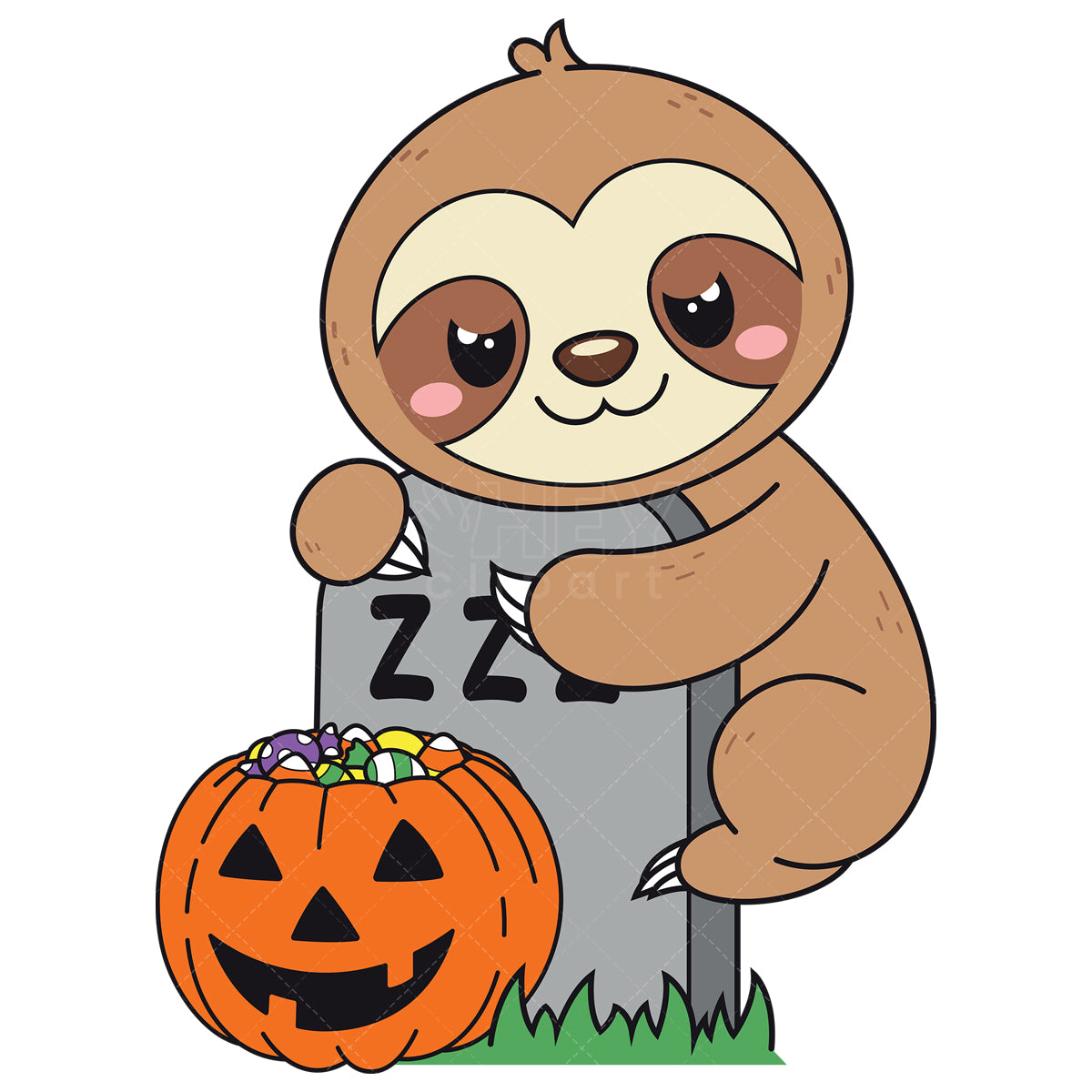 Royalty-free vector illustration of a sloth on graveyard tombstone.