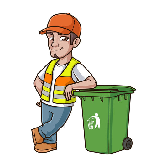 Dustman leaning on trash can. PNG - JPG and vector EPS (infinitely scalable).