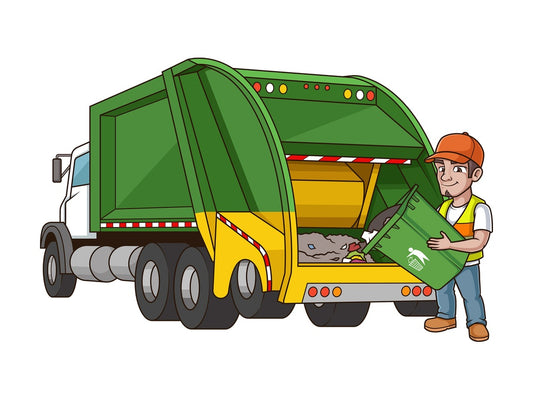 Dustman unloading trash bin garbage truck. PNG - JPG and vector EPS (infinitely scalable).