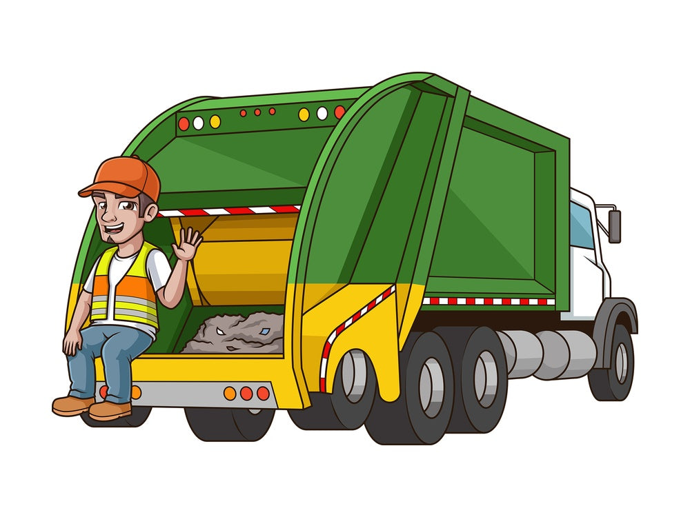 Dustman at the back of garbage truck. PNG - JPG and vector EPS (infinitely scalable).