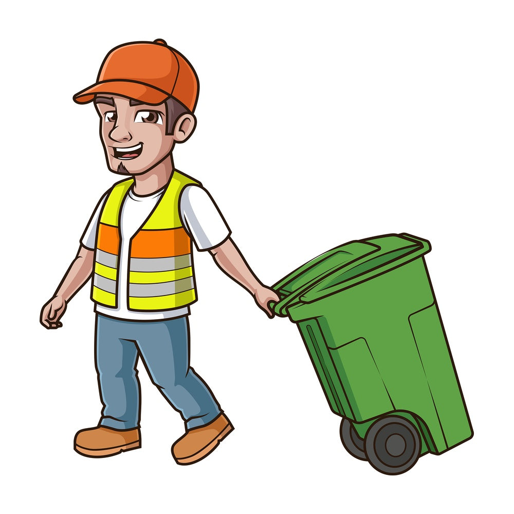 Garbageman pulling trash bin. PNG - JPG and vector EPS (infinitely scalable).