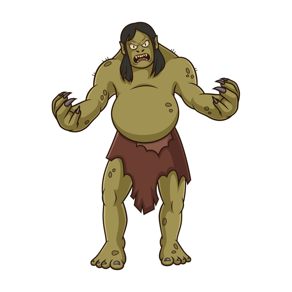 Grendel, a muscular green ogre monster with sharp claws, long dark hair, and teeth, wearing a leather cloth belt.