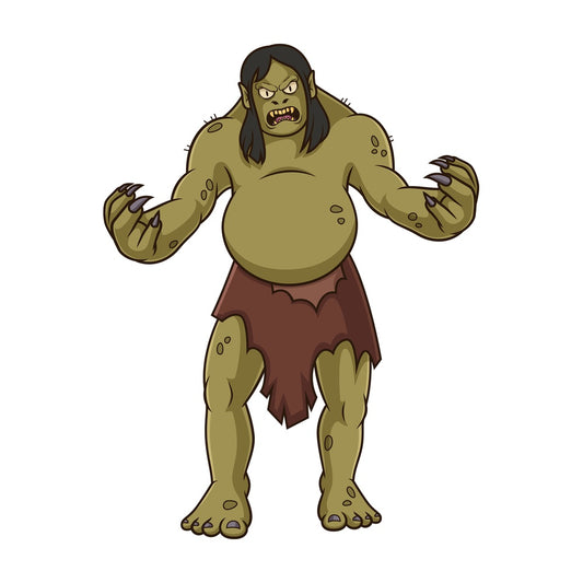 Grendel, a muscular green ogre monster with sharp claws, long dark hair, and teeth, wearing a leather cloth belt.