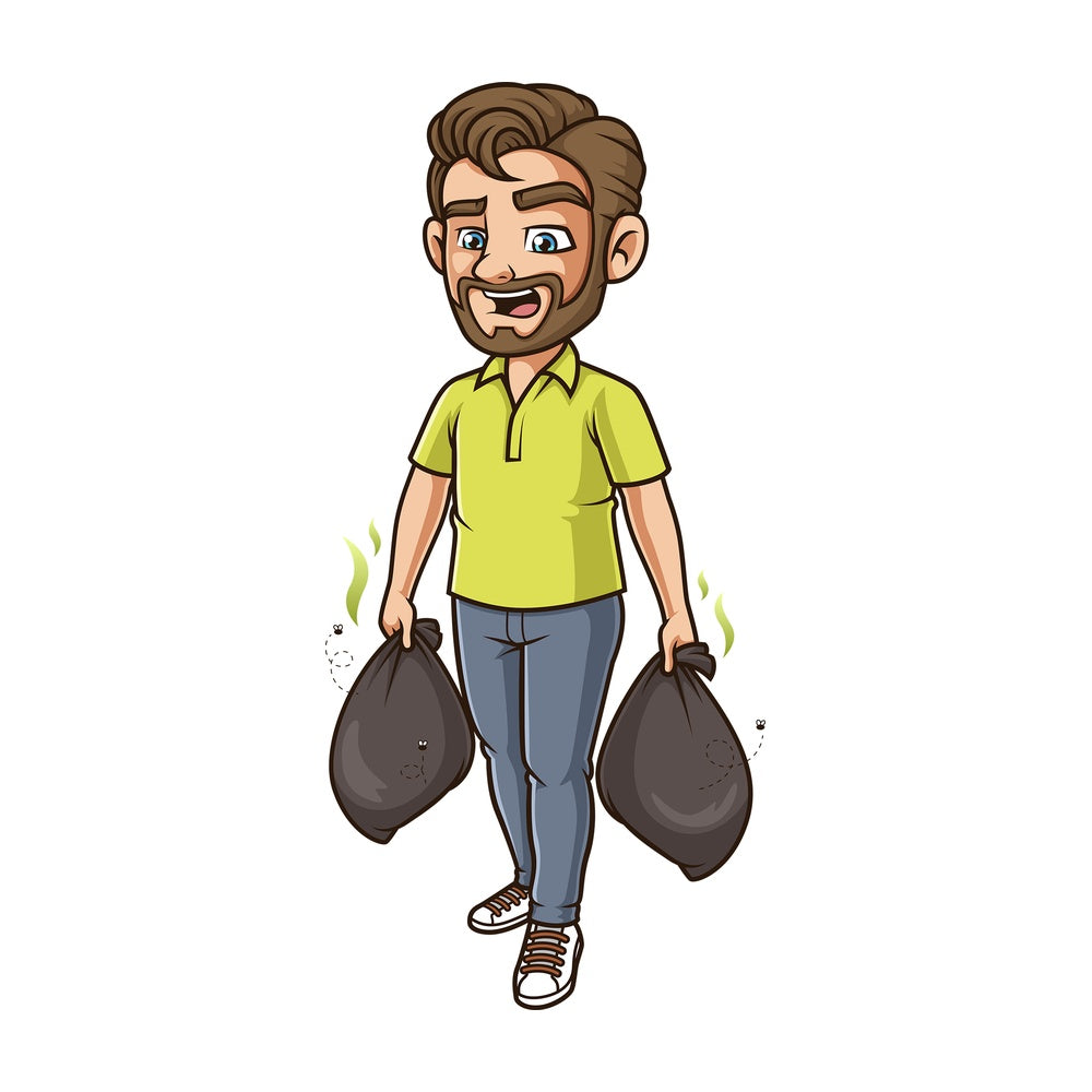 Man taking out stinky trash. PNG - JPG and vector EPS (infinitely scalable).