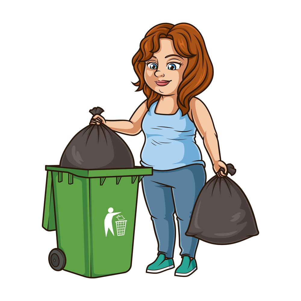 Chubby woman throwing out the trash. PNG - JPG and vector EPS (infinitely scalable).