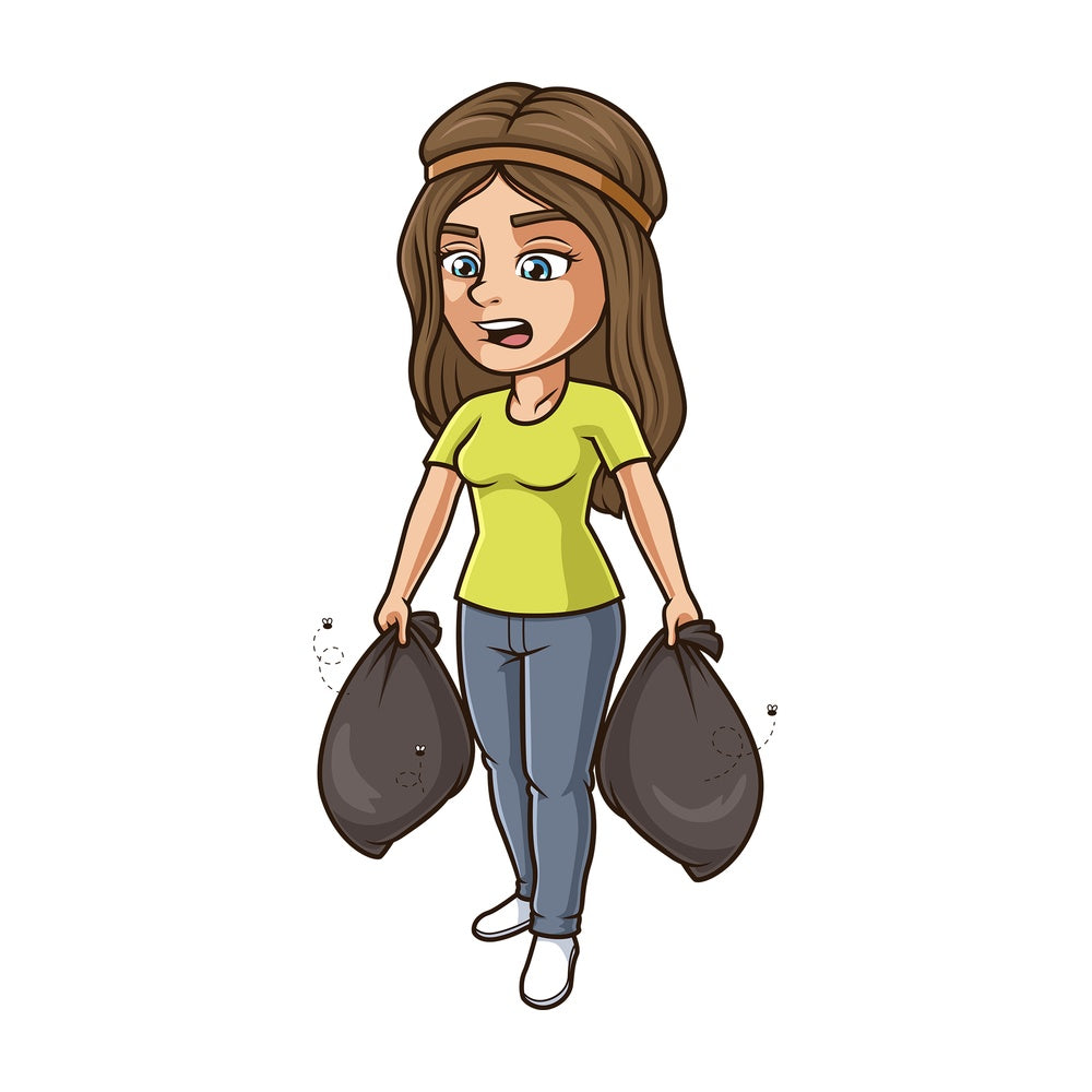Woman taking out stinky trash. PNG - JPG and vector EPS (infinitely scalable).