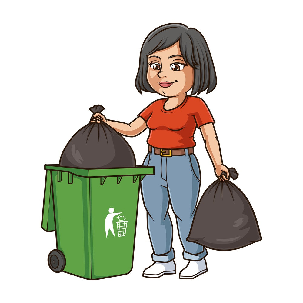 Woman taking out garbage. PNG - JPG and vector EPS (infinitely scalable).