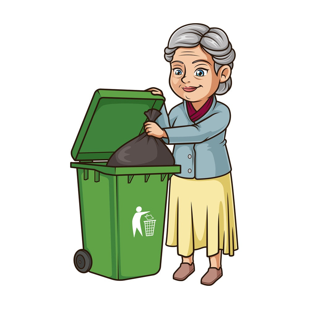 Old woman taking out trash. PNG - JPG and vector EPS (infinitely scalable).
